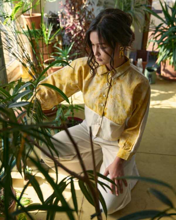 Chemise Hindi écoprint impression végétale oeillets d'Inde plantes